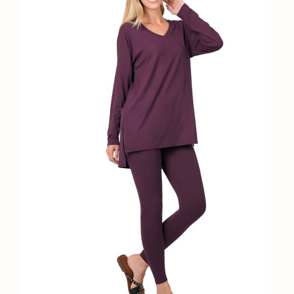 V-Neck Long-Sleeve Loungewear Leggings Set S-3X - Picture 2 of 7